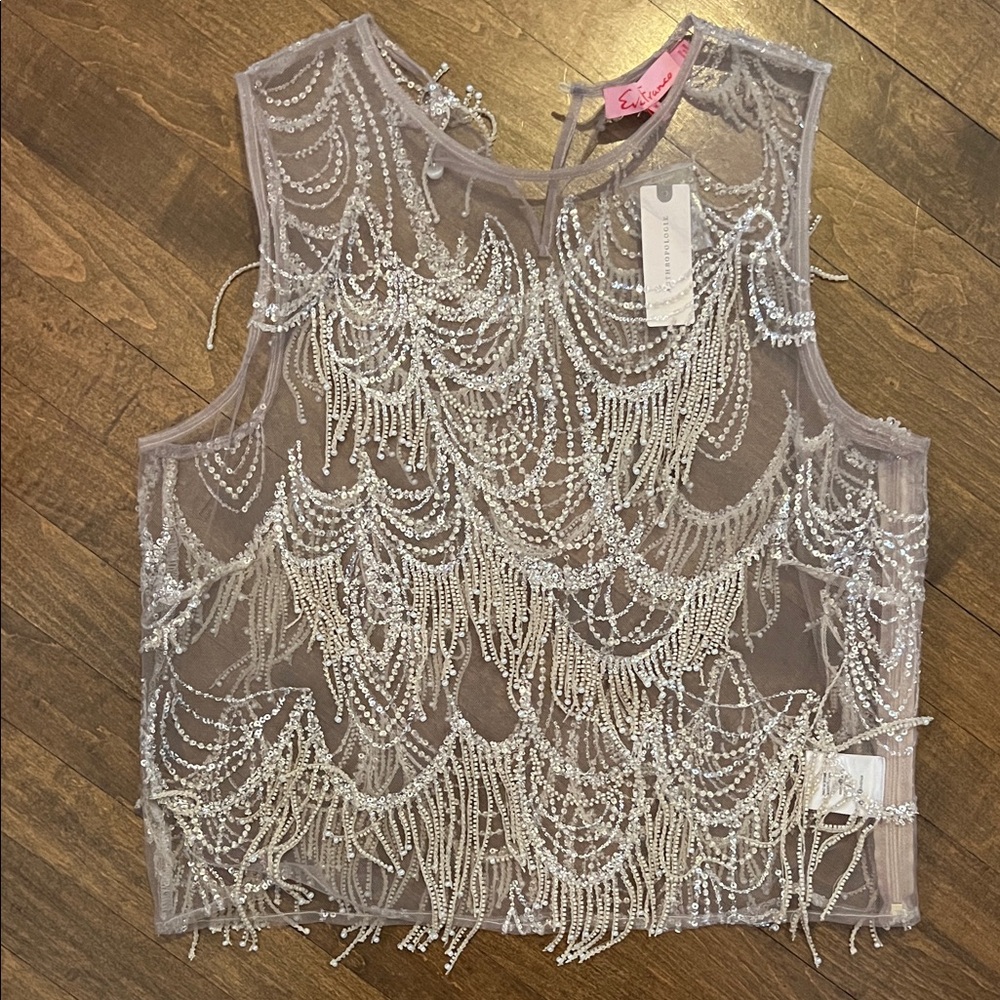Anthropologie Silver Beaded Sheer Camisole
